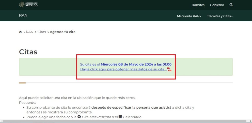 Confirmación de cita RAN